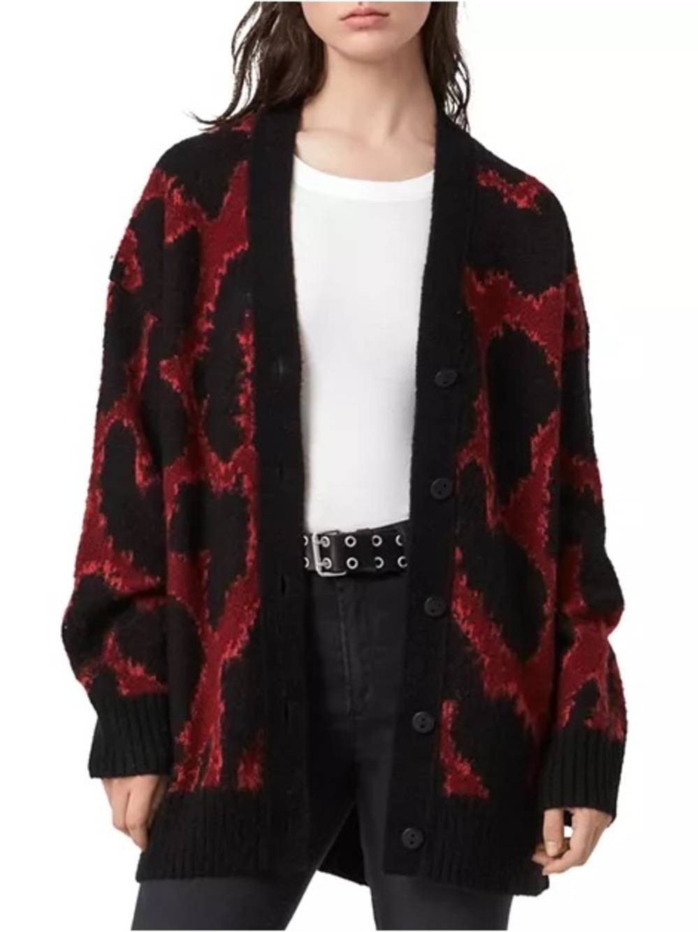 AllSaints Lou Tabulah Jacquard Wool Cardigan Red Black Sz M/L Oversized Animal
